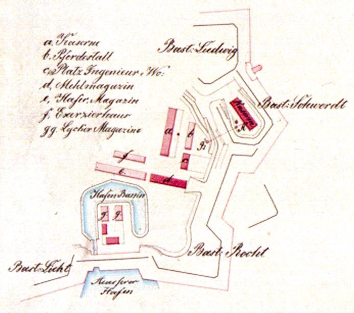 DEIN MasureN Kasemattierte Bastionsspitze Ursprünglicher Plan zur Verteilung der Gebäude auf dem Festungshof Kanonenhof der Bastionsflanke