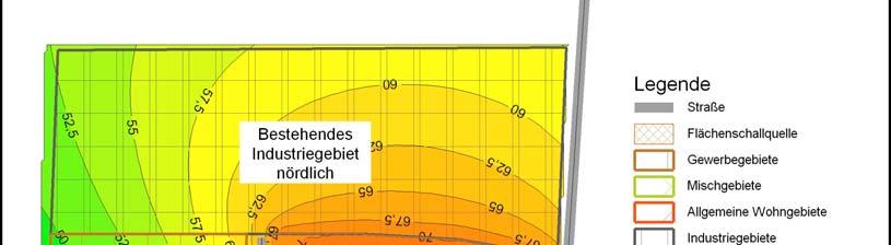 Seite 9 Bild 4: Beurteilungspegel tagsüber entsprechend den festgesetzten IFSP inklusive richtungsabhängige Zusatzemission Dem Bild 4 ist zu entnehmen, dass sich die Immissionssituation in den