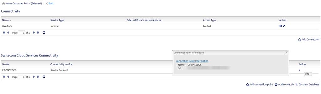 Jetzt wird die CP-ID im DCS Portal unter "Swisscom Cloud Services Connectivity" angezeigt, wenn man im "Connectivity" Bereich des entsprechenden