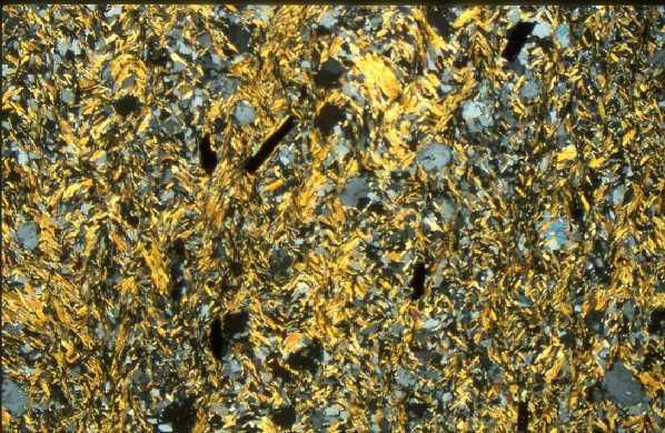 19. Phyllit Metamorphit: Alter: ca. 400-500 Mio. Jahre Der Phyllit ist durch Gesteinsumwandlung (Meta- Vergrößerung : 130 x morphose) aus feinkörnigen Sedimenten, wie Ton und Sandstein, entstanden.