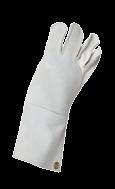 schützt. Innenhand, Mittelfinger und 3/4 des Handrückens sind mit Chrom-Rindnarbenleder verstärkt und mit Linatex unterlegt. Ausgestattet ist der Handschuh mit einer langen Spaltlederstulpe (ca.