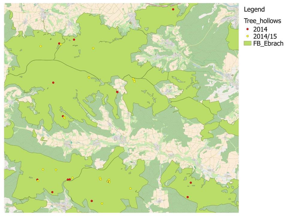 Verteilung der Mulmhöhlenbäume 2014 & 2015 2014 40 Buchen im nördlichen Steigerwald 2015: