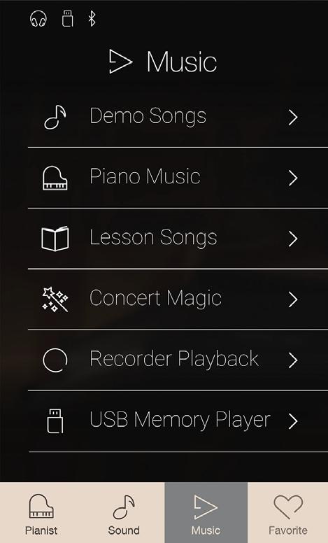 Merkmale: Touchscreen UI User Interface Music Hier finden Sie die Demos, LESSON Songs, Recorder Playbacks und USB Audio Songs.