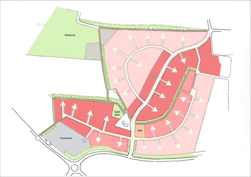Variante 4 Entwurf Steckbrief Reiterhof wird nach Westen verlegt Hofgebäude werden aufgegeben Ein zusammenhängendes Wohngebiet Durchgehende Erschließung Anbindung an Velsen/