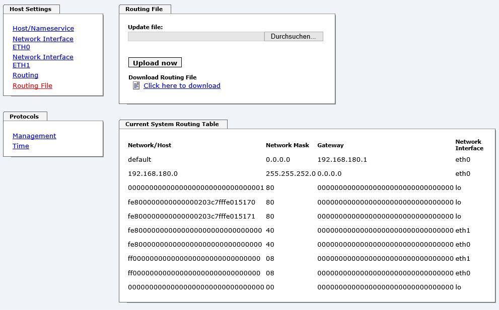 HTTP/HTTPS WEBGUI WEB BROWSER KONFIGURATIONSOBERFLÄCHE 6.3.2.6 Routing File Um diese Funktion zu aktivieren, muss auf der Routing-Seite Use Route File auf enabled gesetzt werden.