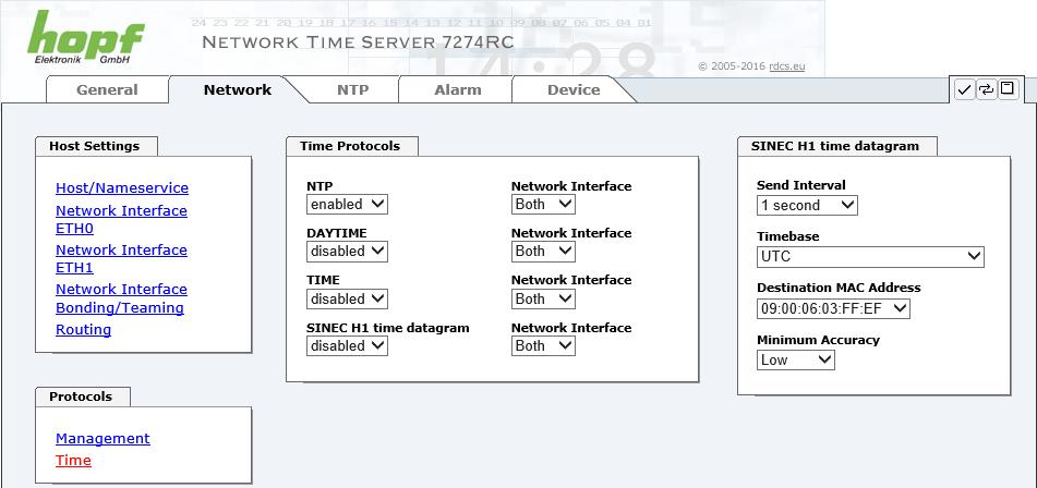 HTTP/HTTPS WEBGUI WEB BROWSER KONFIGURATIONSOBERFLÄCHE 6.3.2.8 Time (Time Protocols NTP, DAYTIME etc.) Aktivierung und Konfiguration verschiedener Synchronisationsprotokolle.