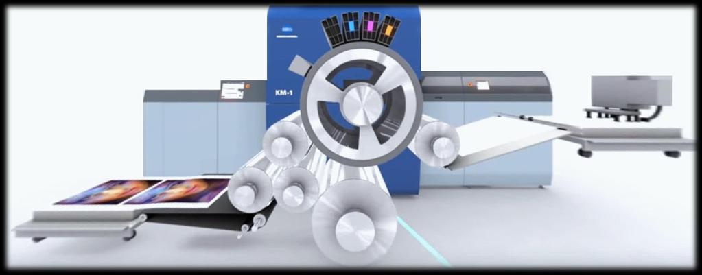 OFFSET-DESIGN FÜR MAXIMALIE PRODUKTIVITÄT Sofortige Trocknung durch UV-LED Single pass Druck, 4 Inkjet Leisten 3 fach großer Druckzylinder mit Greifern für exakten Papiertransport Offset Ausleger