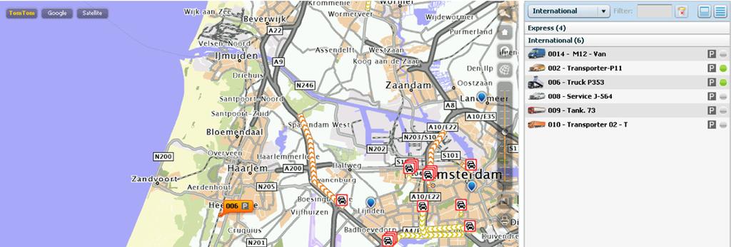 Alle Fahrzeuge auf der Karte anzeigen TomTom WEBFLEET 2.9 verfügt über eine neue Schaltfläche, die als Globus im oberen rechten Teil der Karte angezeigt wird.