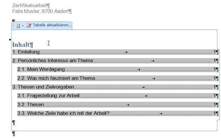 4. Wie du siehst zeigt das Inhaltsverzeichnis nun natürlich noch alle Titel auf Seite 1. Mit dem Fortschreiten deiner Arbeit möchtest du das natürlich laufend korrigieren.