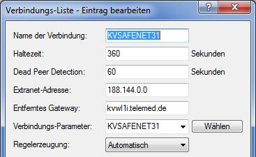... Wählen Sie nun den vordefinierten Punkt KVSAFENET31 aus. Dort ändern Sie die Extranet-Adresse in die von zugewiesene um.