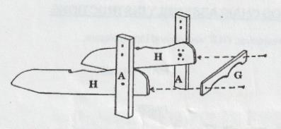 Der Kopf des Bolzens gehört auf jeder Seite auf die Stuhlaussenseite/Beinaussenseite. Das Vorderbein A gehört auf die Außenseite des Seitenteils/Hinterbeins H.