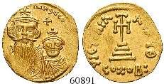 leichte Prägeschwäche am Rand; Kratzer auf Rs., vz-st 800,- Solidus 654-659, Constantinopel. 4,36 g. Gekrönte Büsten von Constans II.