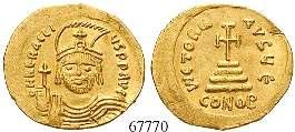 Gleich große gekrönte Büsten von Heraclius und Heraclius Constantinus von vorn, darüber Kreuz / Stufenkreuz; Offizin I K. Gold. Sear 747; DOC 24.