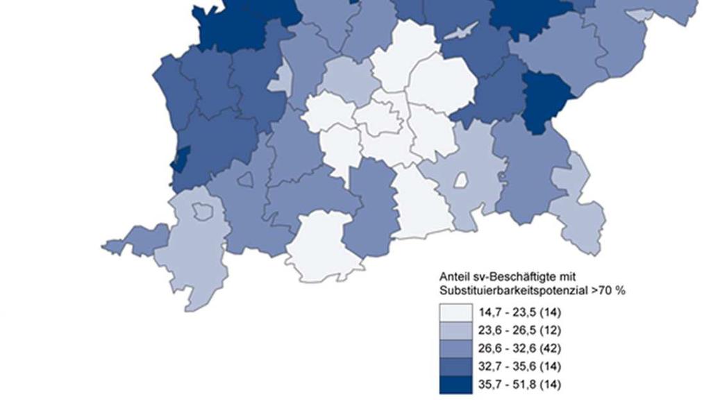 Substituierbarkeitspotenzial (> 70 Prozent) in den bayerischen Kreisen, Anteile in Prozent Deutschland: 25,2 % Bayern: 26,3 %