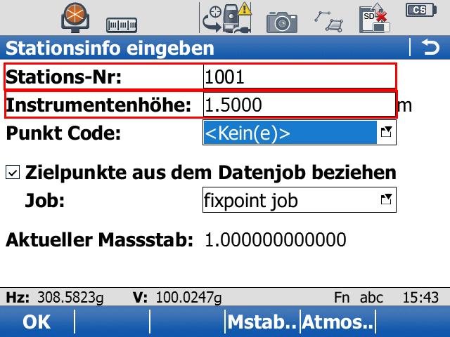 Stationsinformationen eingeben Stations-Nr Stationsname eingeben. Instrumentenhöhe: Eingabe der Instrumentenhöhe.