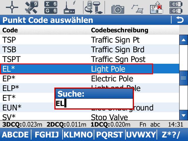 Code auswählen Punkt Code markieren und den Code EL (für Electric Light Pole) auswählen.