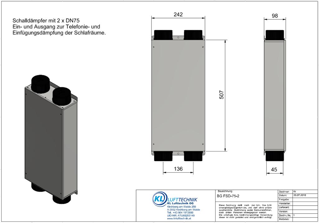 1.6 Flachschalldämpfer FSD75-2 Flachschalldämpfer FSD75-2 mit speziell geformten Schalldämmkulissen aus mineralfaserfreiem Material mit abriebfester Oberfläche, Gehäuse aus verzinktem Stahlblech, je