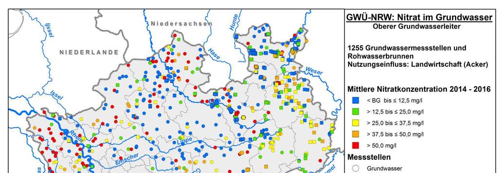 Abbildung 4: Räumliche Verteilung für 1255 Grundwassermessstellen und Rohwasserbrunnen des oberen Grundwasserstockwerks mit einer Nutzungsbeeinflussung durch Landwirtschaft (Acker).