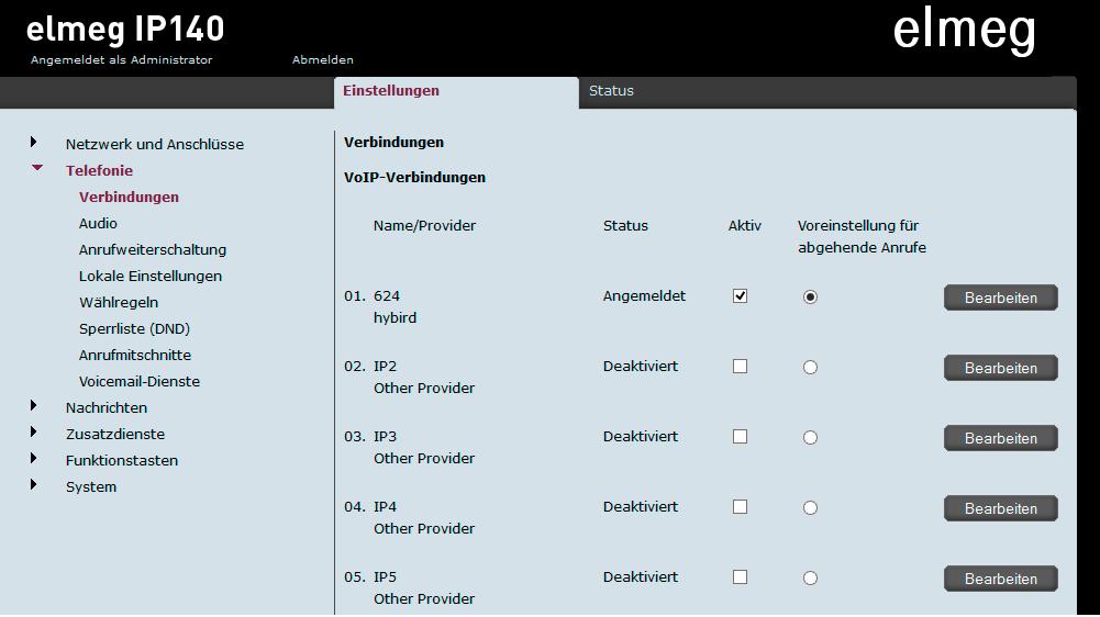 D Installationsbeispiel elmeg IP140 Einstellungen elmeg IP140 Setzen Sie den gewünschten Account auf Aktiv und aktivieren Sie die Voreinstellung für abgehende Anrufe.