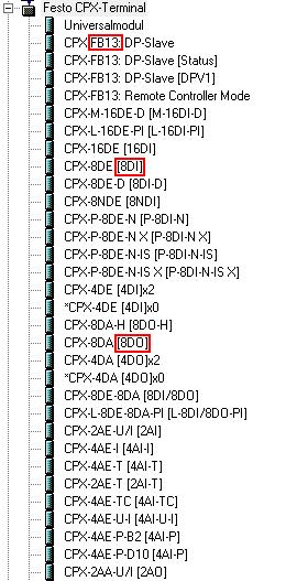 Konfiguration 2.3 Konfiguration der CPX Module Die Einträge (hier rot markiert) entsprechen den Bezeichnungen in der GSD Datei. Bild 3.