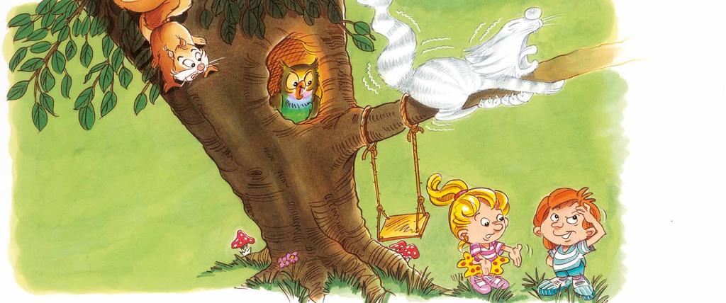 Felix ist ganz oben auf den Schaukelbaum geklettert. Carmen und Michael stehen unter dem Baum und rufen ihn. Aber der kleine Kater sitzt zitternd auf seinem Ast und hat Angst, sich zu bewegen.