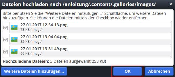 Nach Anklicken des Upload-Pfeils öffnet sich ein Fenster, das die Dateiverwaltung des