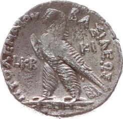 Tetradrachme. 160/159 v.chr. Kopf des Königs mit Diadem n.r. Rs.: Adler auf Blitz n.l., Jahresangabe. 13.95 g. Vgl.