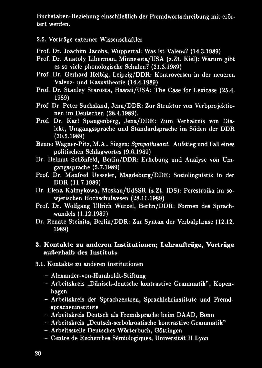 4. 1989) Prof. Dr. Peter Suchsland, Jena/DDR: Zur Struktur von Verbprojektionen im Deutschen (28.4.1989). Prof. Dr. Karl Spangenberg, Jena/D D R : Zum Verhältnis von Dialekt, Umgangssprache und Standardsprache im Süden der DDR (30.