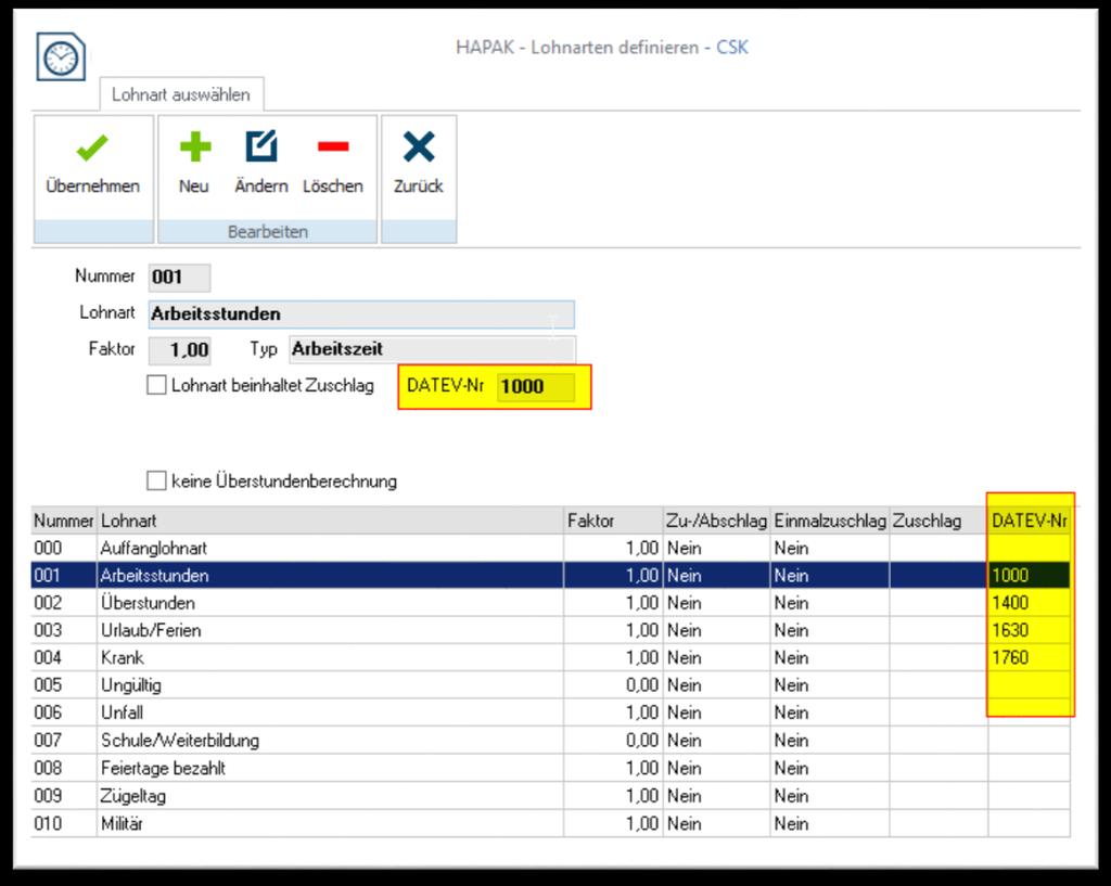 HAPAK -> -Schnittstellen Zeitdaten: LODAS Lohnarten Die Lohnarten