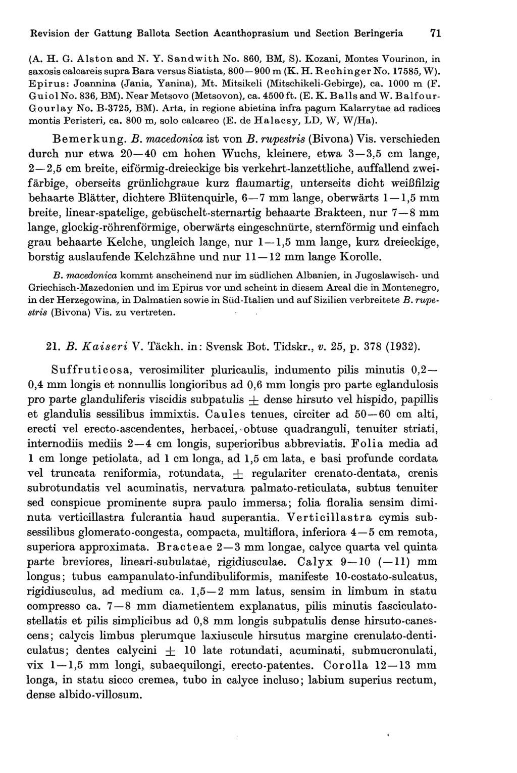 Revision der Gattung Ballota Section Acanthoprasium und Section Beringeria 71 (A. H. G. Aiston and N. Y. Sandwith No. 860, BM, S).