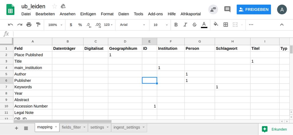 Mapping in Selbstbedienung Google Spreadsheets - einfache Matrix für einfache Daten -