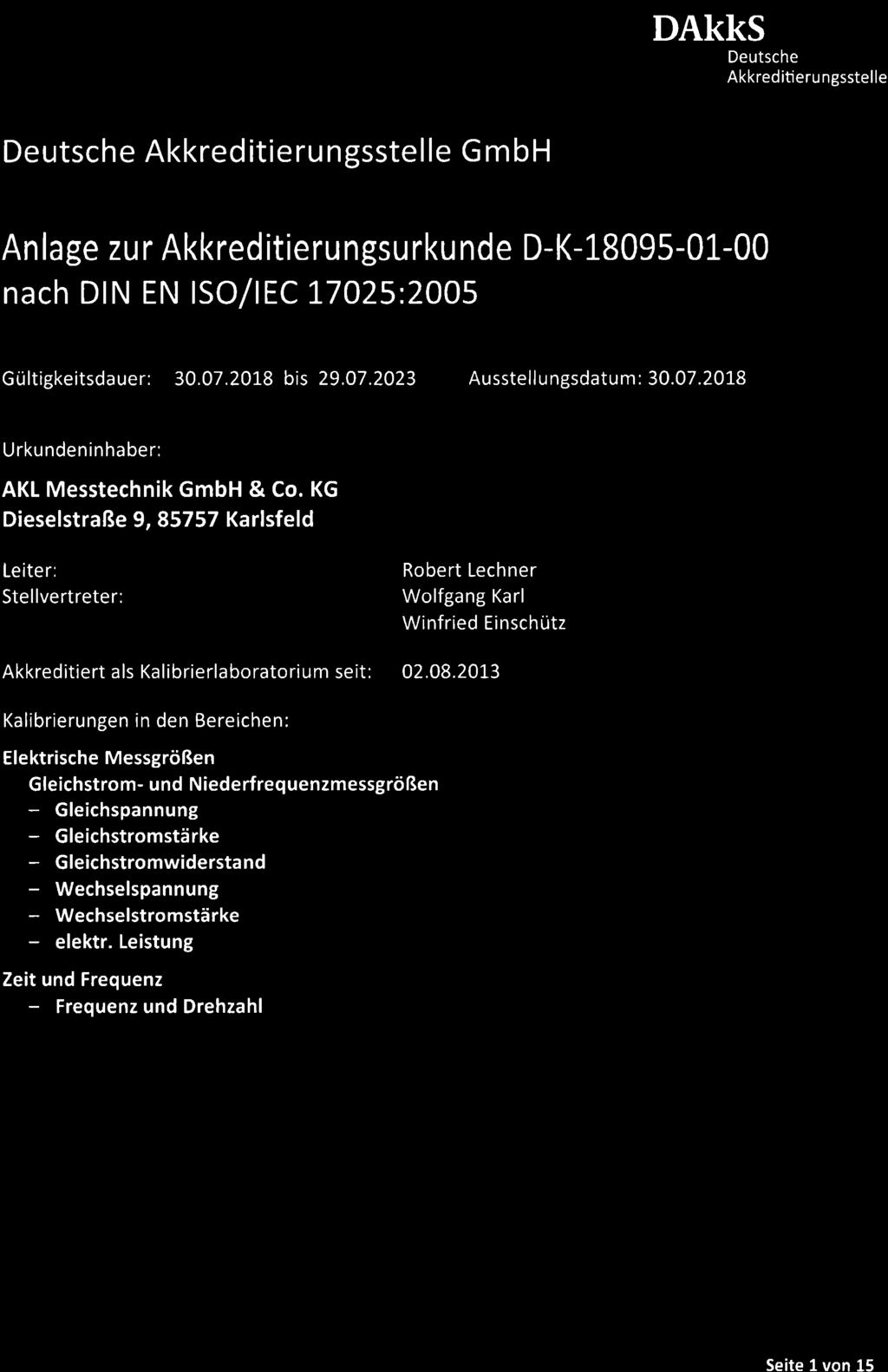 Akkreditieru ngsstelle Akkreditierungsstelle G mbh nach DIN EN ISO/IEC 17025:2005 Gültigkeitsdauer: 30.07.2018 bis 29.07.2023 Ausstellungsdatum: 30.07.201.8 Urkundeninhaber: AKL Messtechnik GmbH & Co.