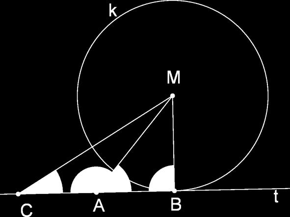 b) Satz (TS): Es sei k ein Kreis mit dem Mittelpunkt M. B sei ein beliebiger Punkt von k Die Tangente t an k mit dem Berührungspunkt B steht senkrecht auf MB.