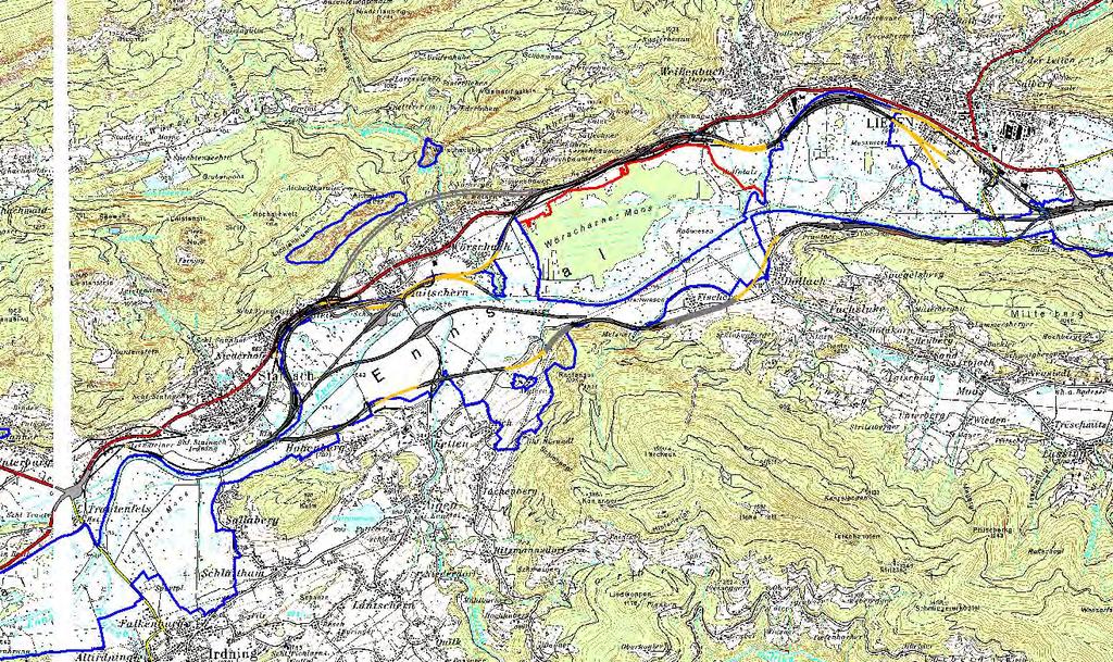 Planungsgebiet und Trassenverläufe im Europaschutzgebiet 41 Mitte Ost 1, 2 und 2b Mitte West 1 (Tunnel)
