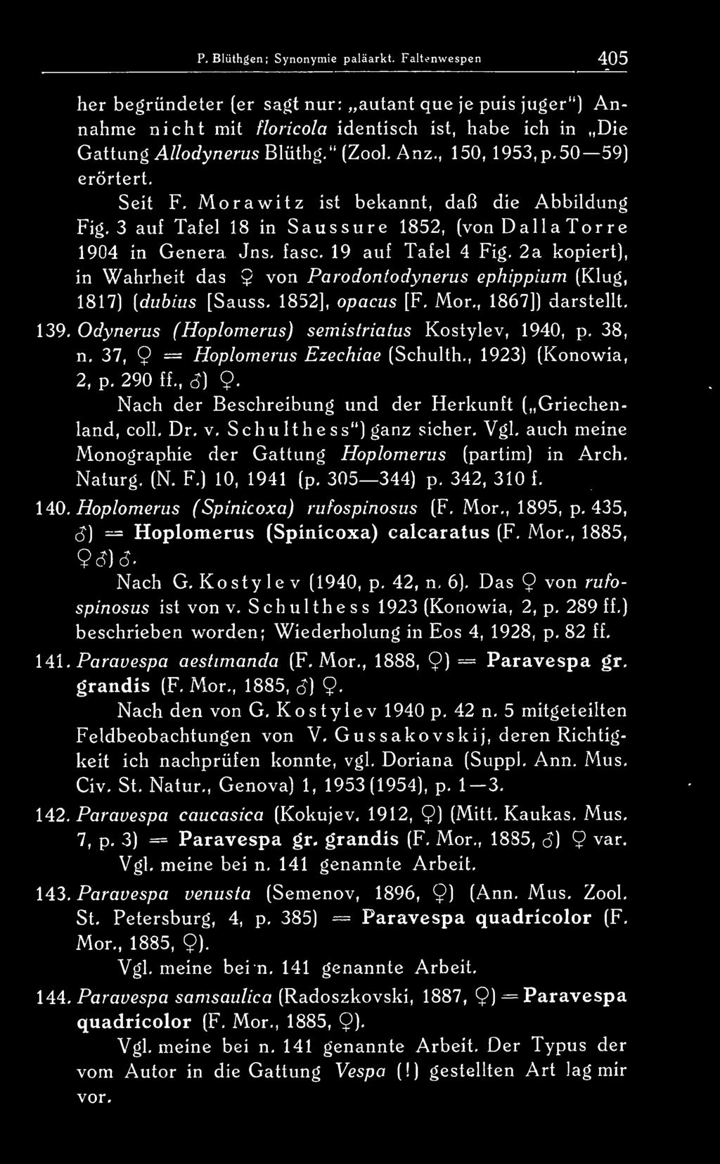 19 auf Tafel 4 Fig, 2a kopiert), in Wahrheit das $ von Parodontodynerus ephippium (Klug, 1817) [duhius [Sauss. 1852], opacus [F. Mor., 1867]) darstellt. 139.