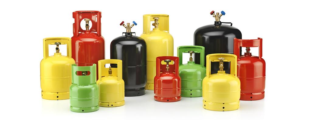 Gasflaschen Für Technisches Gas Sortiment an technischen Behältern für die Industrie und die Füllung von Kältegasen, mit einer Kapazität von 2,5 l bis 22 l, die