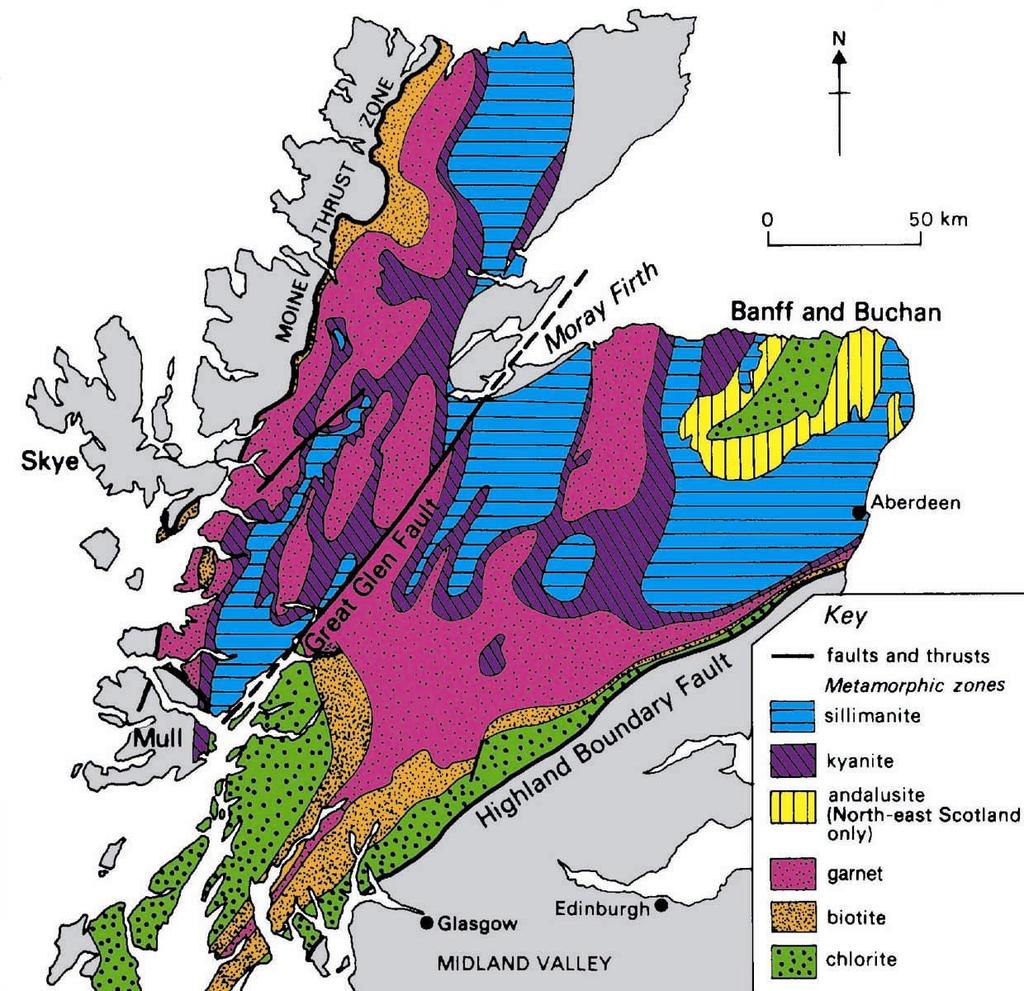 Das Konzept der Indexminerale Eine Abfolge metamorpher Mineralzonen wurde erstmals von Barrow (1893) im südöstlichen schottischen Hochland auskartiert.