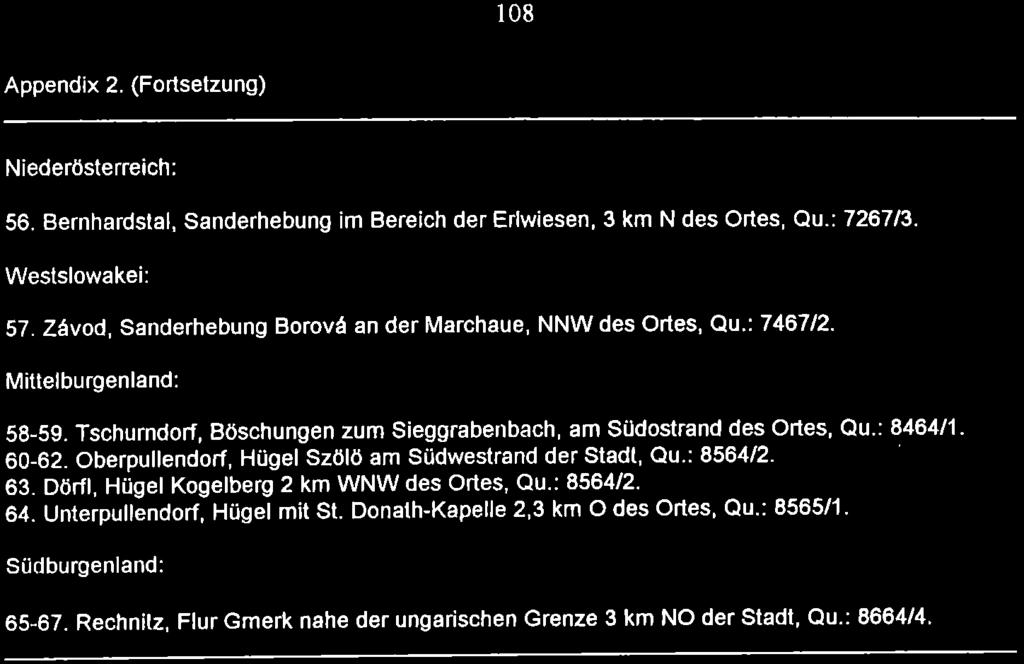 Appendix 2. (Fortsetzung) Niederösterreich: 56. Bernhardstal, Sanderhebung im Bereich der Erlwiesen, 3 km N des Ortes, Qu.: 726713, Westslowakei: 57.