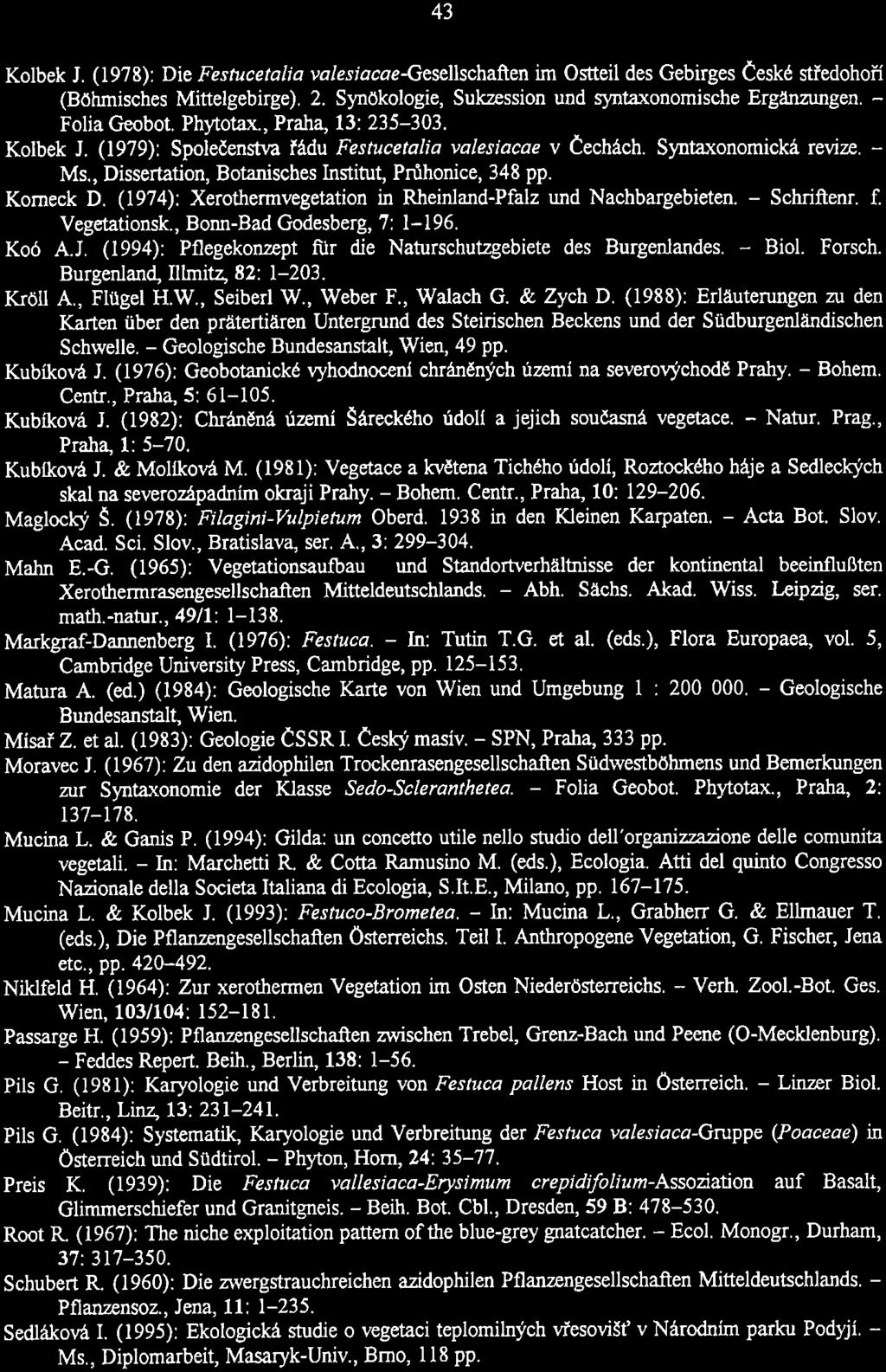 Kolbek J. (1978): Die Festucetalia valesiacaegesellschaften im Ostteil des Gebirges Ceskt stfedohon (Böhmisches Mittelgebirge). 2. Synökologie, Sukzession und syntaxonornische Erg-gen. - Folia Geobot.