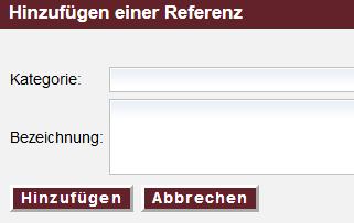 Hinzufügen neuer Referenzen: Belässt man Kategorie jeweils ungefüllt, so erscheinen die Referenzen (= das in Bezeichnung Eingetragene) als fortlaufende, einhierarchische