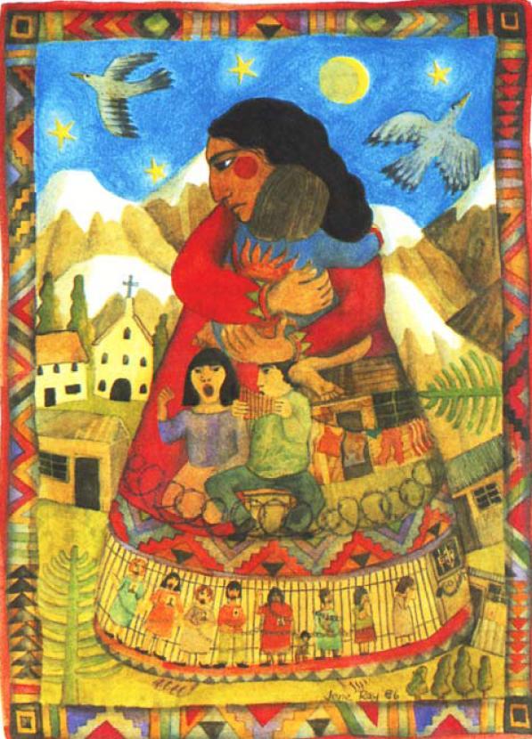 Mutter und Schwester im Leiden Maria, gemalt von Jane Ray für das Chile Committee for Human Rights in London.