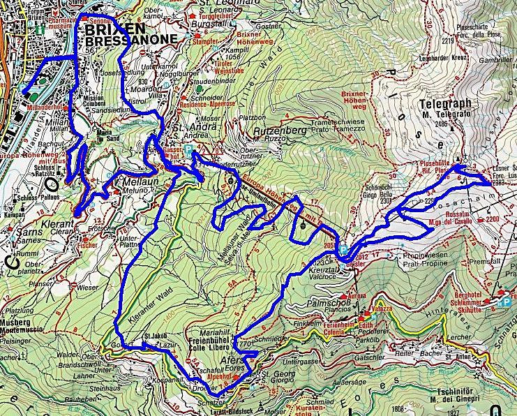 Unterwirts Biketouren 10 Plose Mit dem Auto nach Brixen (550 m), dort bei der Disco Max parken. Anfahrt mit dem Bike über Milland und die Teerstraße nach St. Andrä. Durchs Dorf und ca.