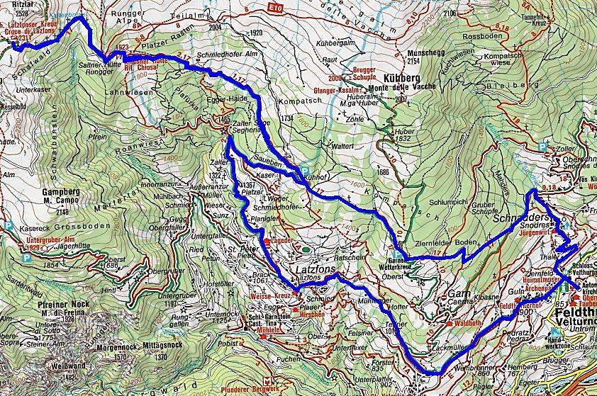 Unterwirts Biketouren 6 Latzfonser Kreuz (2.305 m) Start ist beim Unterwirt in Feldthurns (850 m). Auffahrt über die asphaltierte Straße nach Latzfons (1.173 m) und Kühhof (1.550 m).