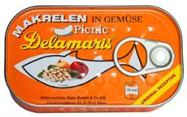 54000125 Delamaris Makrelenstücke in Tomatensauce mit Gemüse (Picnic) 125g / 3838929567758