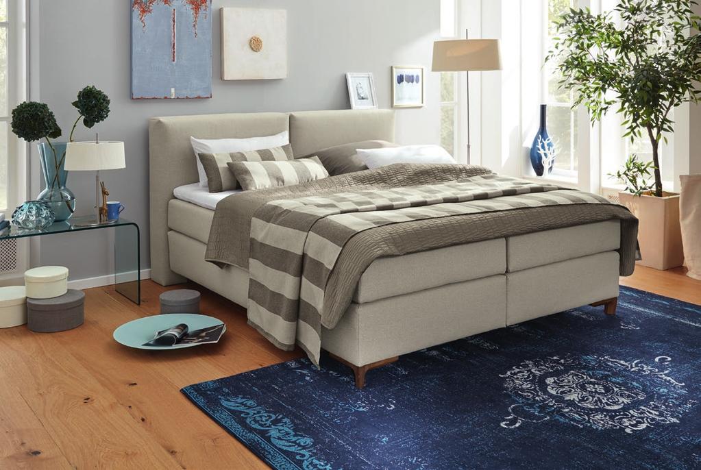 Decke M10, füße H888 in Nuss natur, geölt Box spring bed system in beige fabric, lying surface 180
