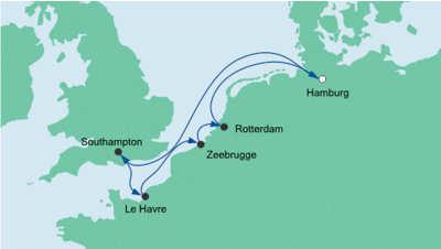 Tag Hafen Land/Insel Ankunft Abfahrt 1 Hamburg Deutschland 18:00 Uhr 2 3 Southampton Großbritannien 8:30 Uhr 20:30 Uhr 4 Le Havre Frankreich 8:00 Uhr 20:00 Uhr 5 Zeebrügge Belgien 10:00 Uhr 19:00 Uhr