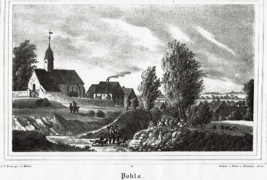 Die älteste uns bekannte Ansicht Pohlas mit Schule zeigt um 1840