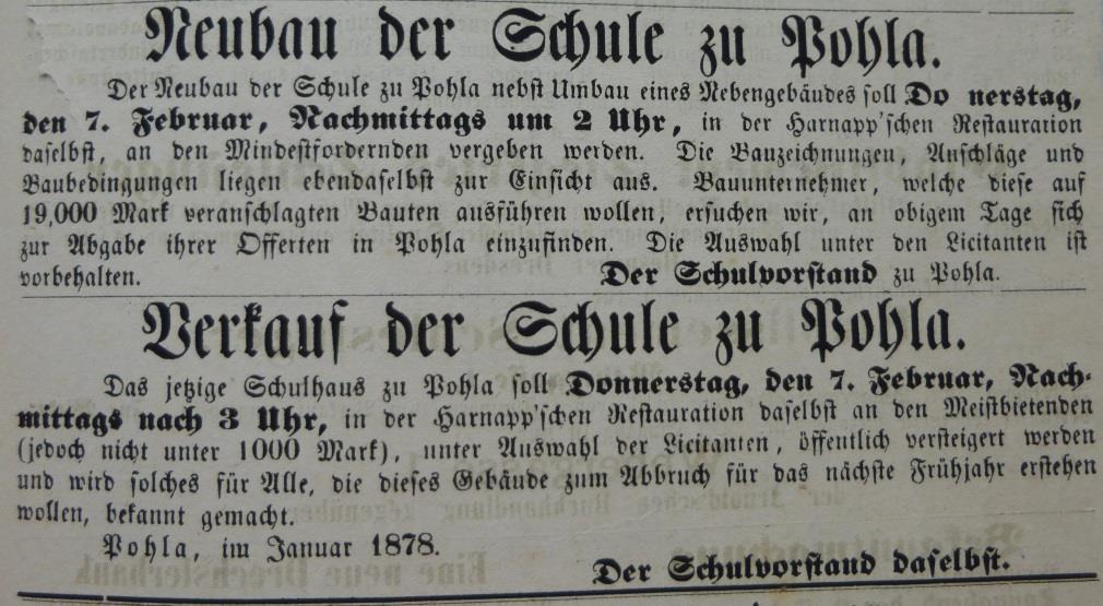 Bauvorbereitungen im Frühjahr 1878 Quellenangaben: [260] Das Bieterverfahren wird für den 07.02.1878 in der Harnappschen Restauration angekündigt.