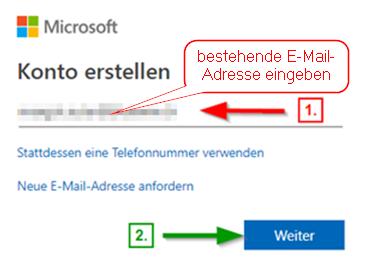 Microsoft-Konto neu erstellen (3) Neues Fenster: Konto erstellen a) Bestehende E-Mail-Adresse verwenden (empfohlen) Vorteil: