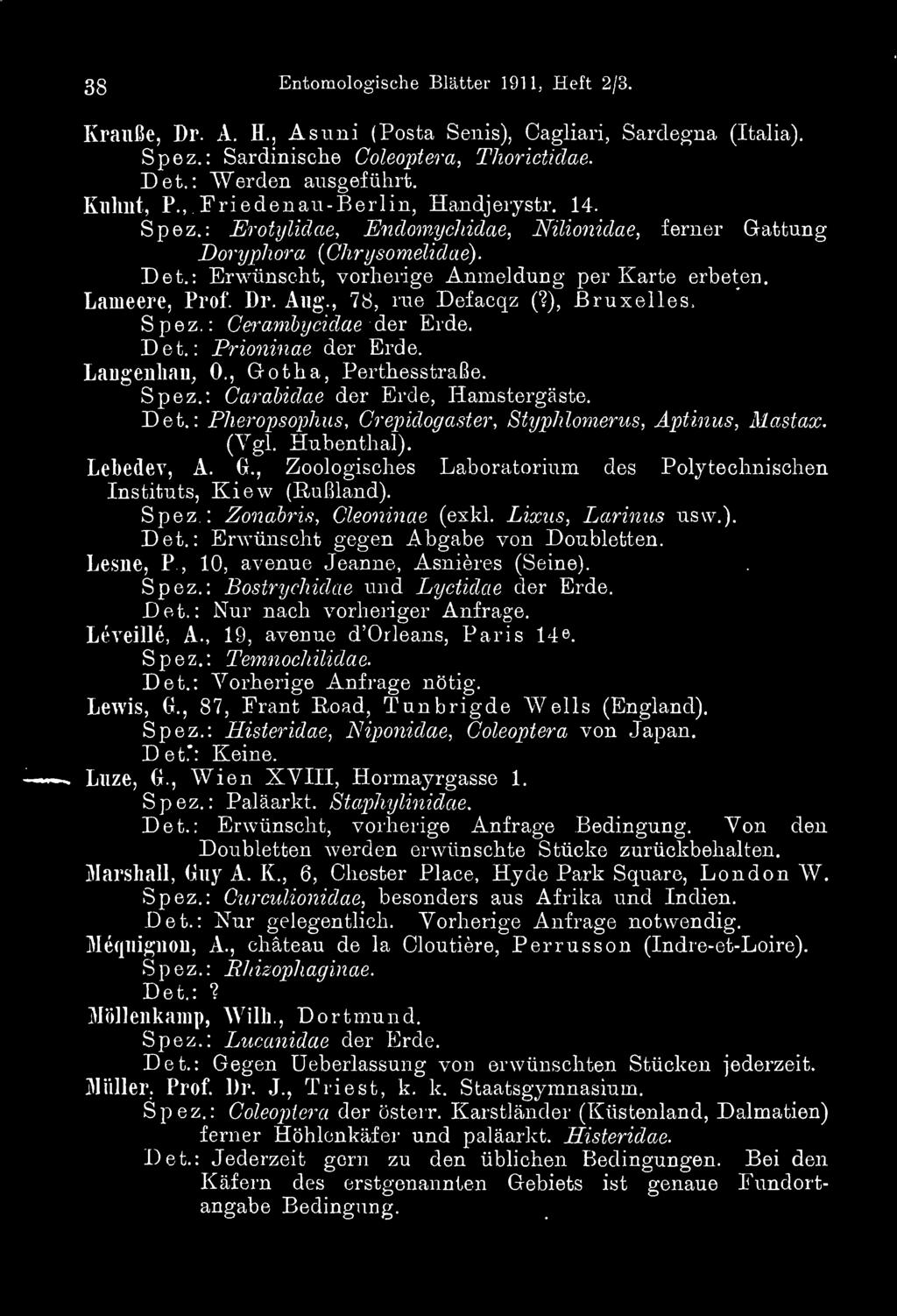 38 Entomologische Blätter 1911, Heft 2/3. Krauße, Dr. A. H., Asuni (Posta Senis), Cagliari, Sardegna (Italia). Spez.: Sardinische Coleoptera, Thorictidae. Det.: "Werden ausgeführt. Kulint, P.